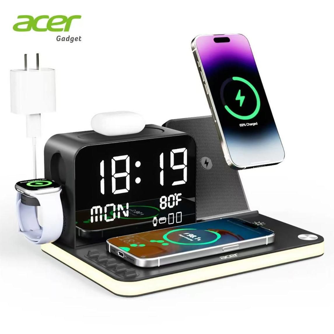Acer 7 in 1 Wireless Charging Station with LED Night Light, Bluetooth Time Sync Clock & Temperature Display, USB-A & USB-C Ports – Compatible with iPhone, Android Phone, Apple Watch & AirPods